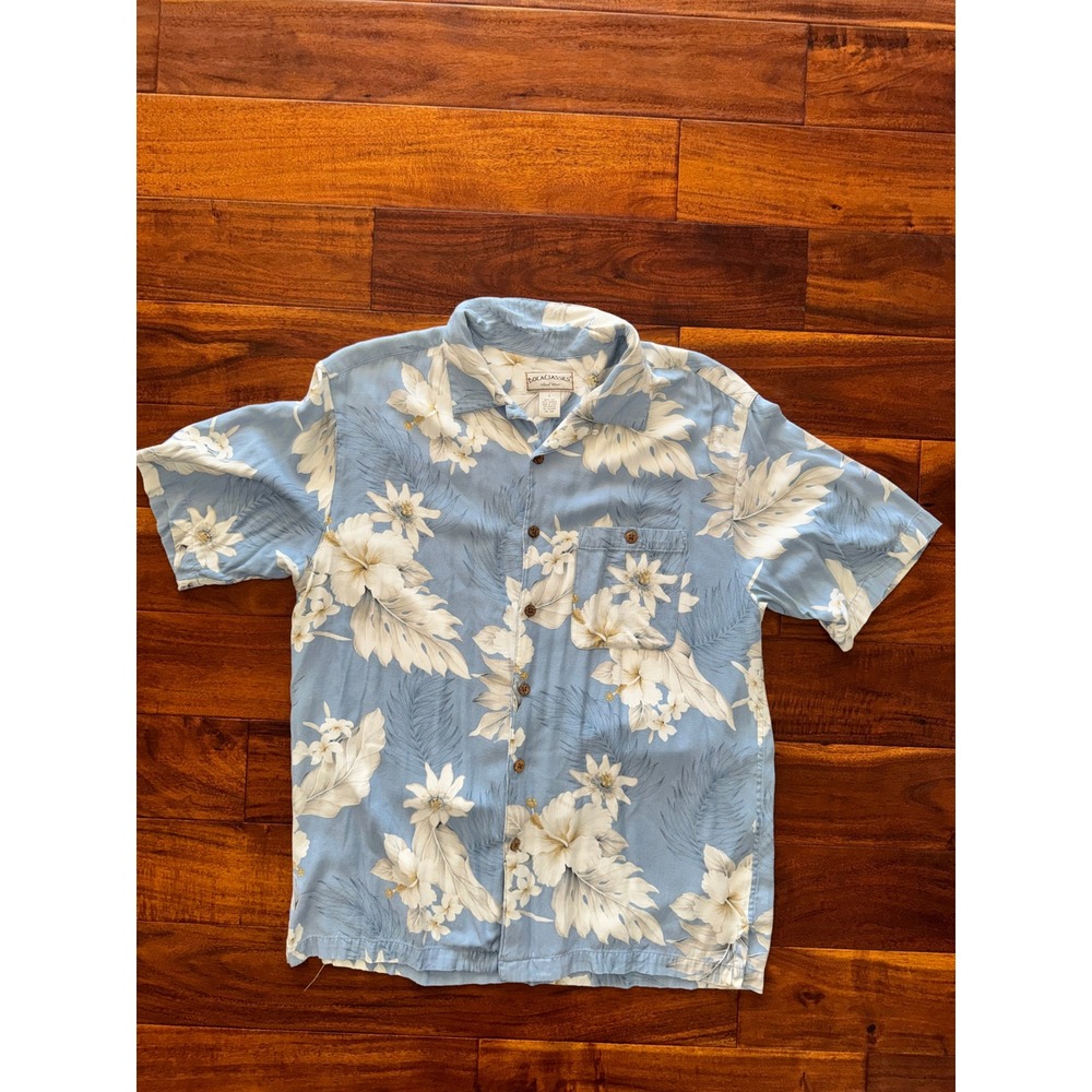 Boca‎ Classics Island Wear Mens Large Hawaiian Shirt Blue Floral Silk Bamboo